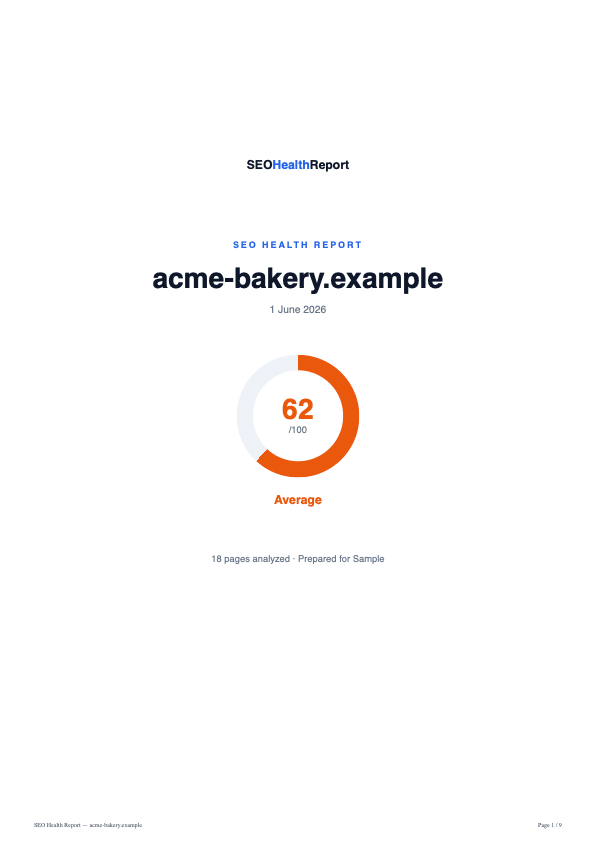 First page of a sample PDF report from SEO Health Report, showing a website's overall SEO health score out of 100.